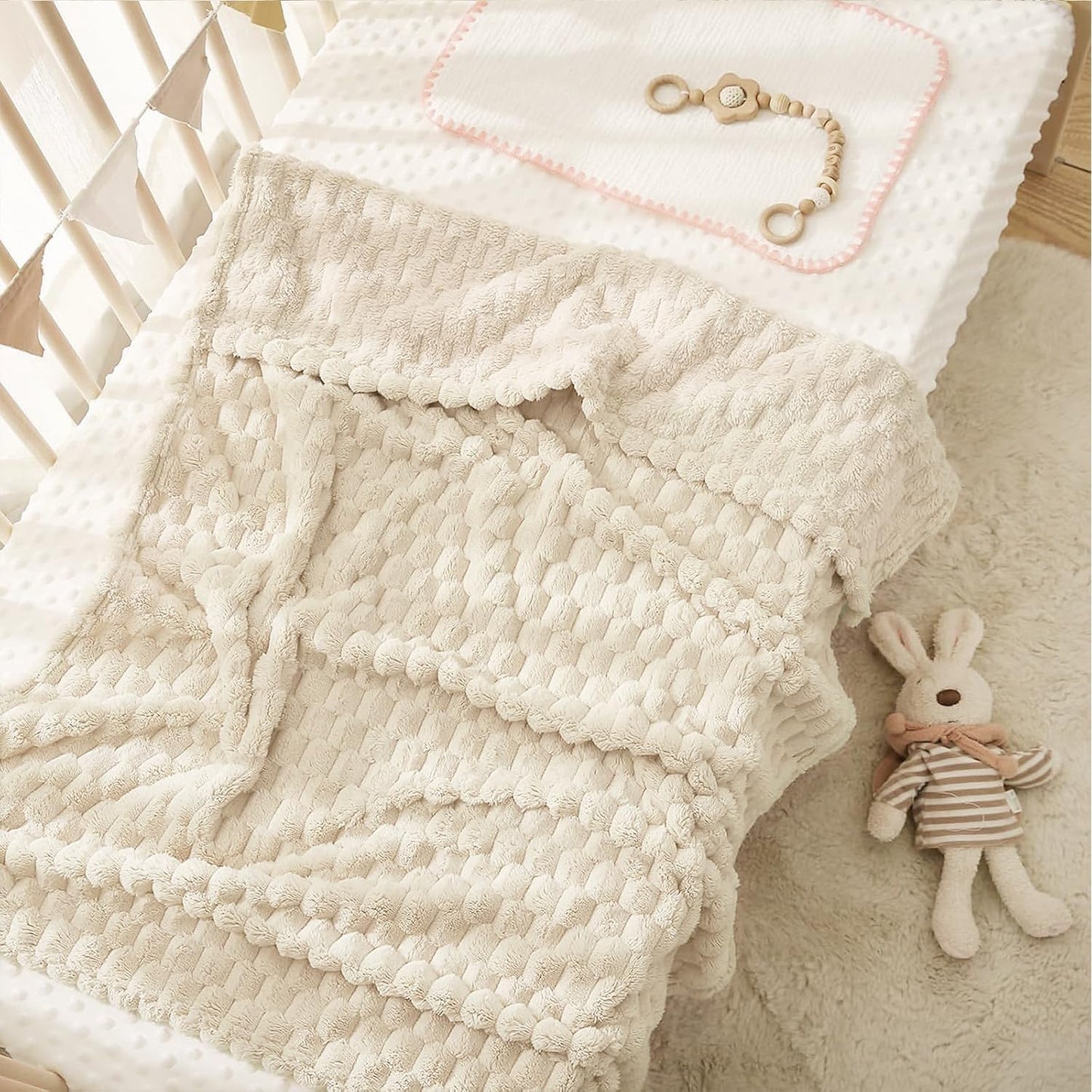 Beige Soft Fleece 3D Square Grid Baby Blanket Breathable Nursery Blanket