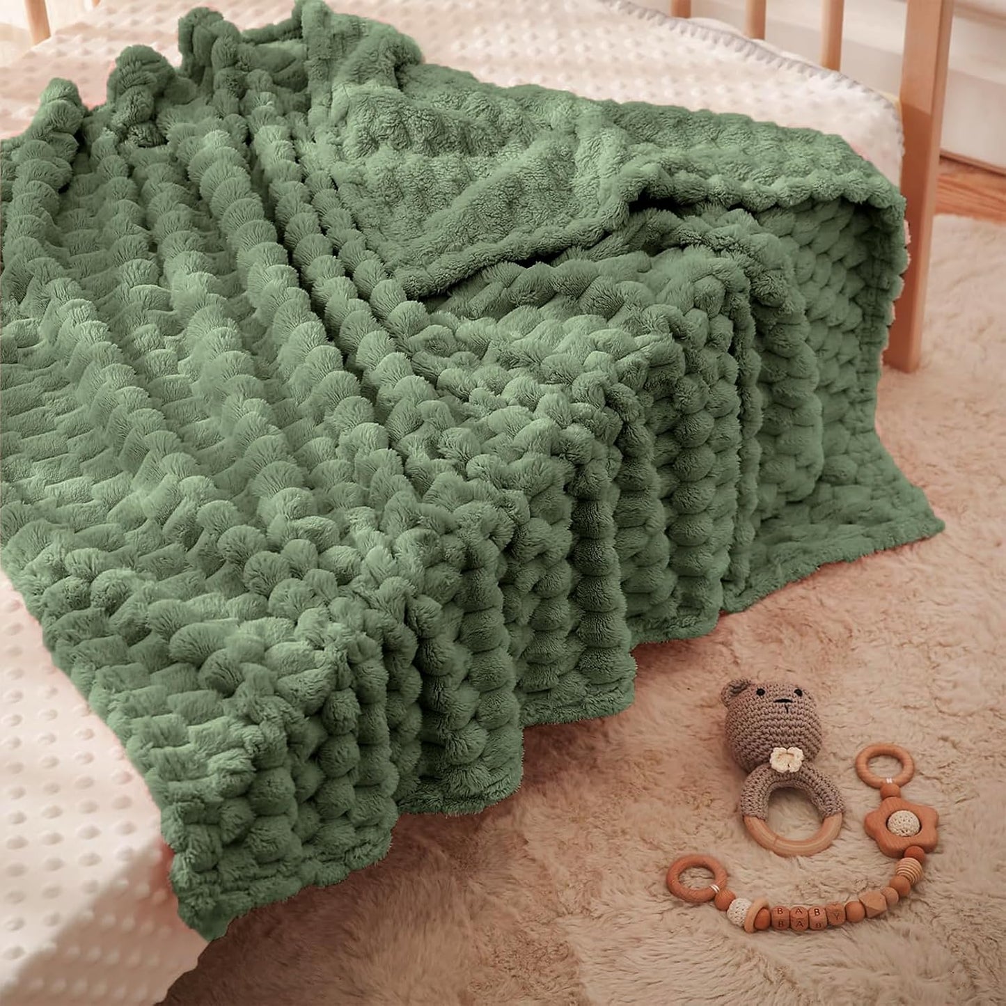 Sage Soft Fleece 3D Square Grid Baby Blanket Breathable Nursery Blanket