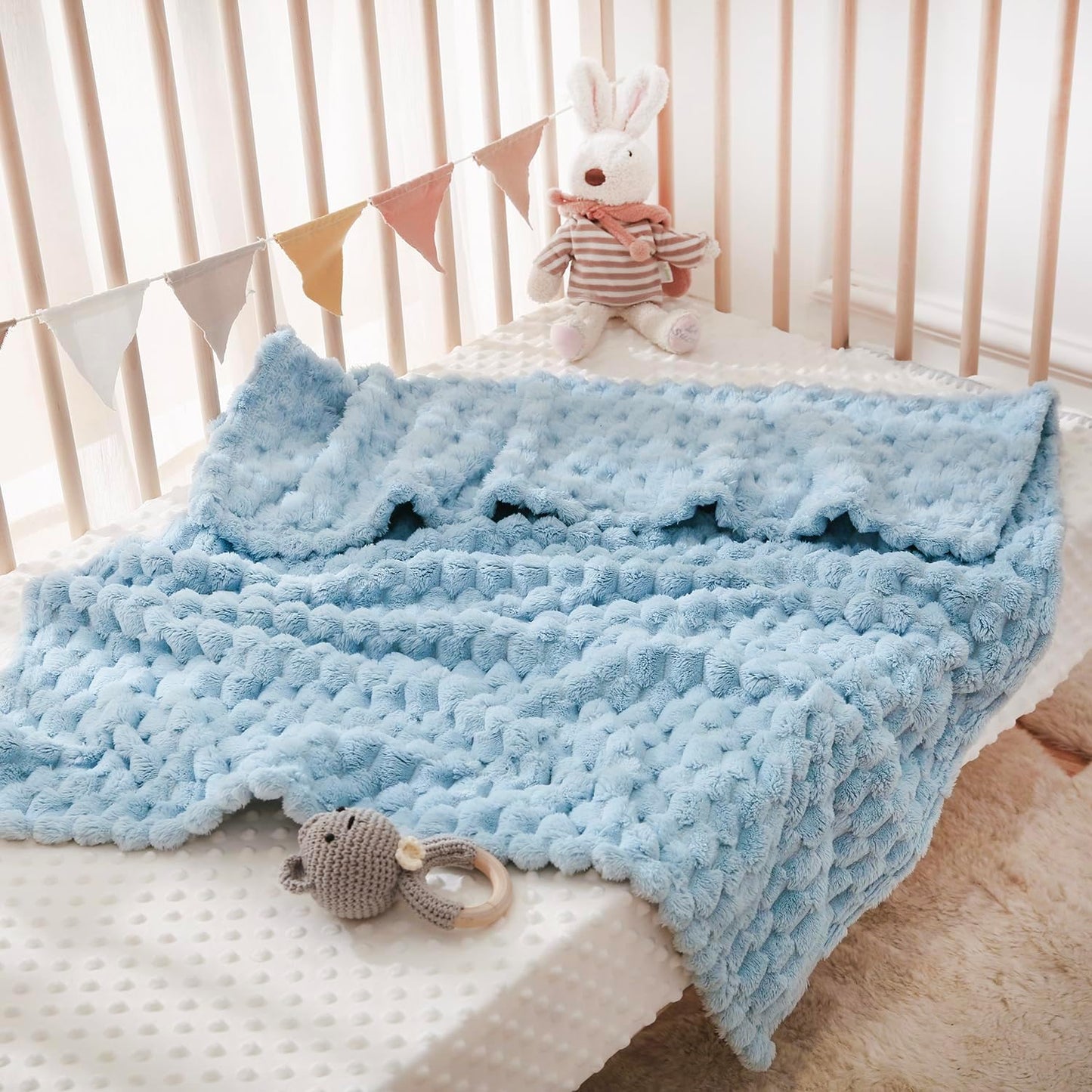 Blue Soft Fleece 3D Square Grid Baby Blanket Breathable Nursery Blanket