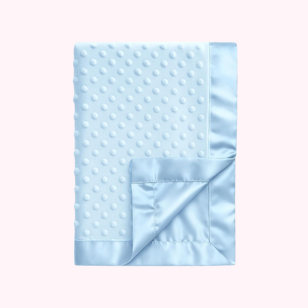 Light Blue Ultra Soft Minky Dot Baby Blanket with Silky Satin Trim