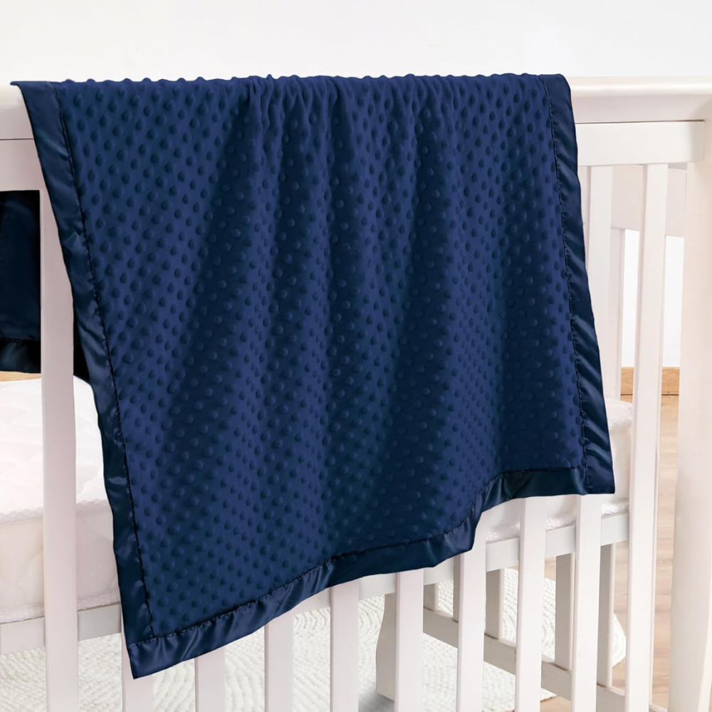Navy Ultra Soft Minky Dot Baby Blanket with Silky Satin Trim