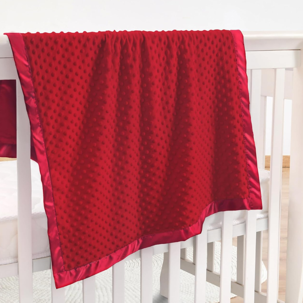 Red Ultra Soft Minky Dot Baby Blanket with Silky Satin Trim